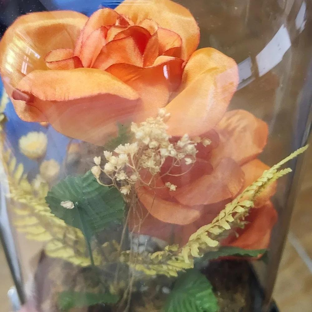 Vintage Glass Dome Floral Cloche with Butterfly Dried & Orange‎ Faux Flowers